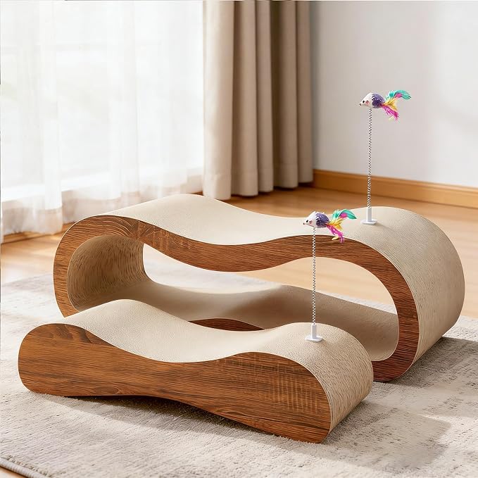 2 in 1 Cat Scratcher for Indoor Cats, Large Cardboard Cat Scratcher with 2 Plug-in Teaser Wand, 100% Recyclable & Reversible Scratching Board Pads Prevents Furniture Damage - Image 2