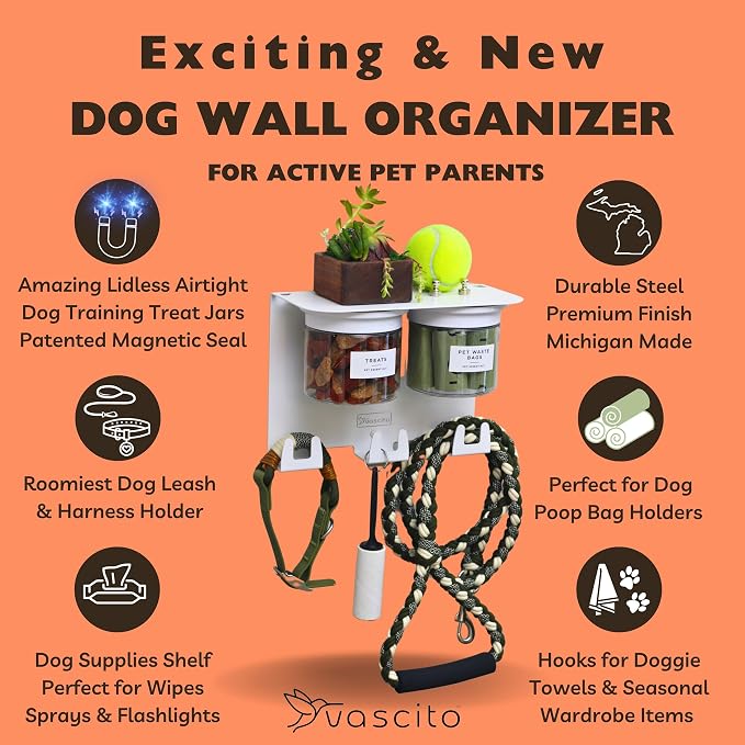Dog Treat Holder For Wall Storage For Pets, Premium Pet Wall Organizer, Includes Two 16oz Airtight Dog Treat Jars, 3 Sets of Triple Hooks, Sturdy Shelf in Designer White - Image 5