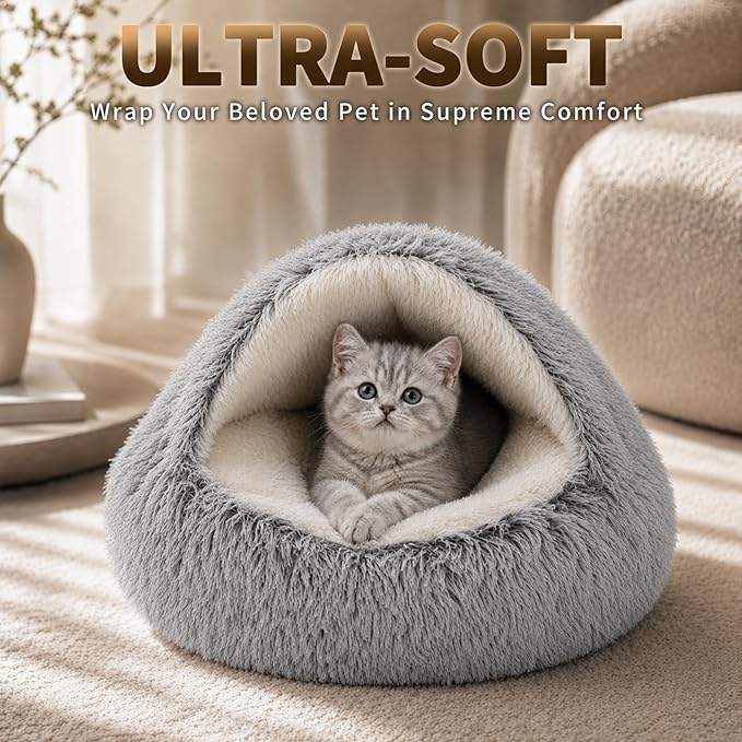ShinHye Cozy Cat Bed - Round Plush Fluffy Hooded Cave, Indoor/Outdoor, Waterproof & Washable, Calming Anti-Anxiety Design - 23x23 Inch, Grey - Image 3