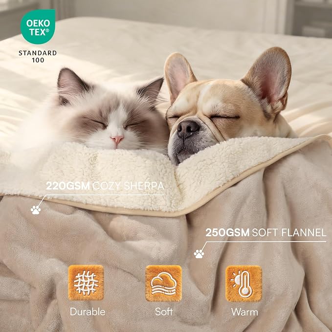 Luciphia Waterproof Pet Blanket, Liquid Pee Proof Dog Blanket for Sofa Bed Couch, Reversible Sherpa Fleece Furniture Protector Cover for Small Medium Large Dogs Cats, Khaki+Beige Large（65" x 57"） - Image 3