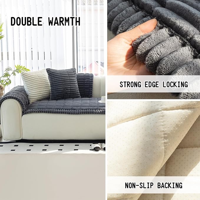 Sofa Couch Cover, Sofa Covers for Dogs Washable, Non-Slip Striped Sofa Slipcovers for Sectional Sofa, Sofa Cover Furniture Protector for L Shaped(Dark Grey, 27.6"x 70.9") - Image 2