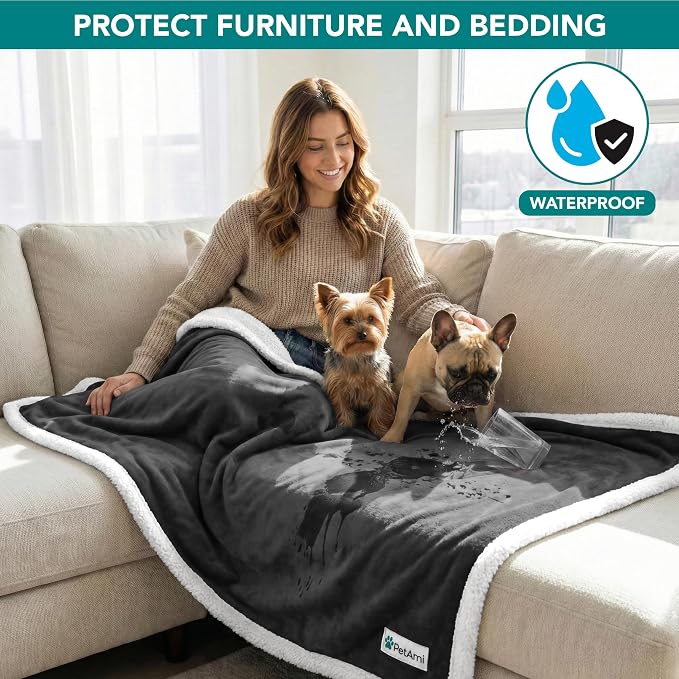 PetAmi Waterproof Dog Blanket for Couch, Extra Large 80x60, Pee Proof Sherpa Fleece Reversible Pet Throw, Furniture Protector for Bed Sofa Crate Kennel, Soft Washable Cover for Dog Cat, Grey - Image 7