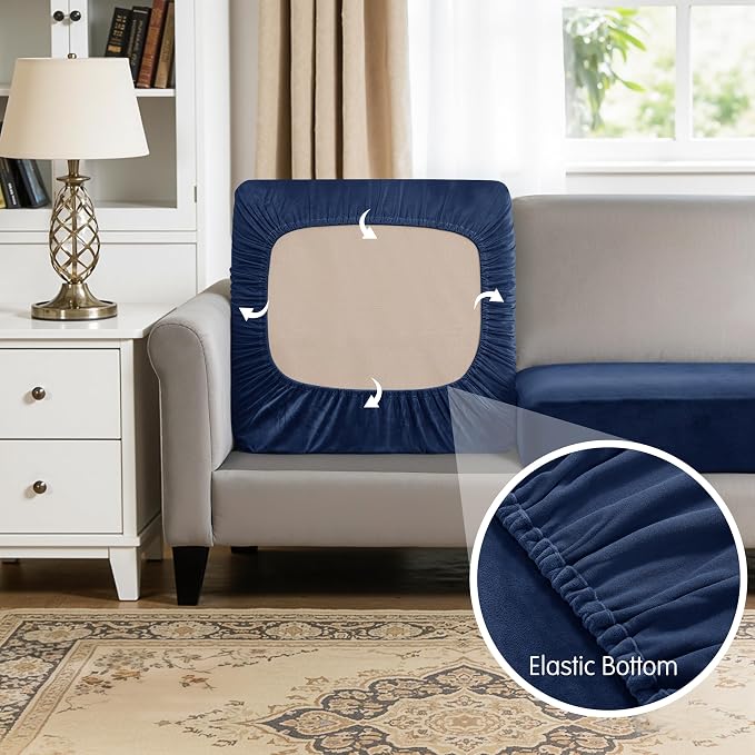 Hokway Velvet Couch Cushion Covers Water Resistant Seat Covers Stretch Sofa Cushion Protector(Small-3PC, Navy) - Image 5