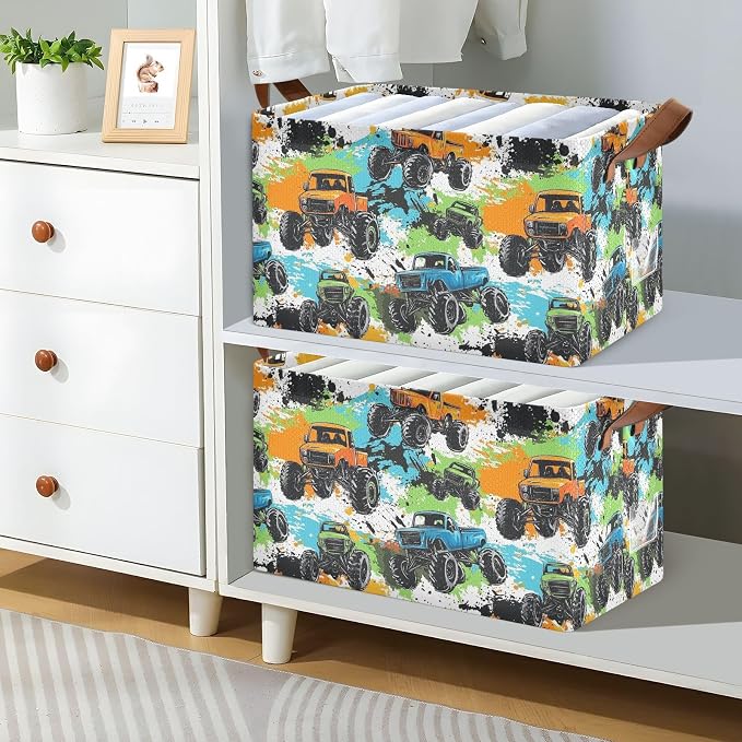 Colorful Monster Truck Splash Trucks Storage Basket with Labels&Handles Rectangular Waterproof Nursery Storage Bins Collapsible Shelf Organizer Baskets for Kids Books Cloth Gift Toys Laundry, 2 Pack - Image 2