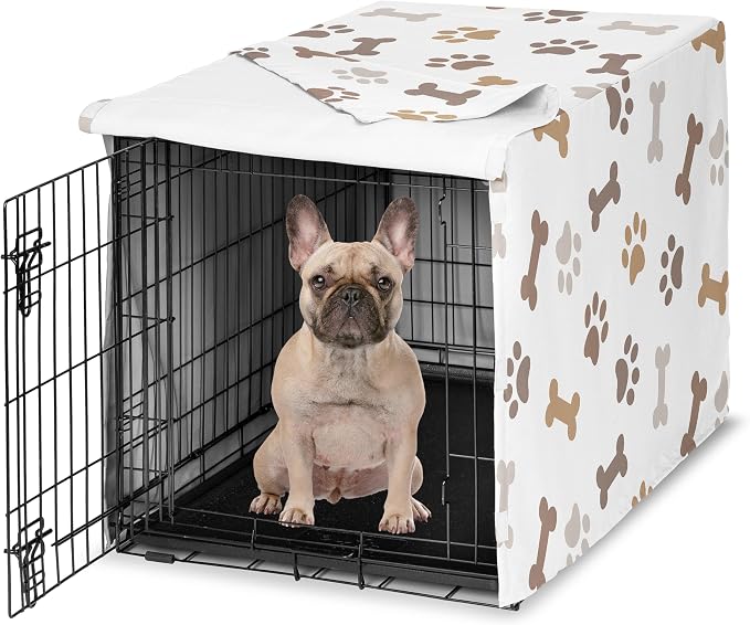 Sweet Jojo Designs 30in. Small/Medium Dog Crate Cover (Bones and Paw Prints) Pet Cage, Kennel Covers (Modern, Cartoon, Doggy, Puppy, Neutral, Paws Print, Whimsical, Brown, Tan, Grey, Taupe and White) by SweetJojoDesigns