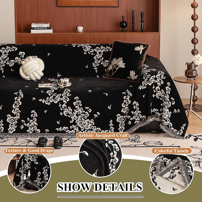 STACYPIK Retro Ginkgo Leaf Sofa Covers Washable Boho Aesthetics Black Couch Cover for 3 Cushion Couch with Tassels Pet Friendly Love Seat Slipcover for Sectional Couch Cover Throw Living Room-71X134IN - Image 4