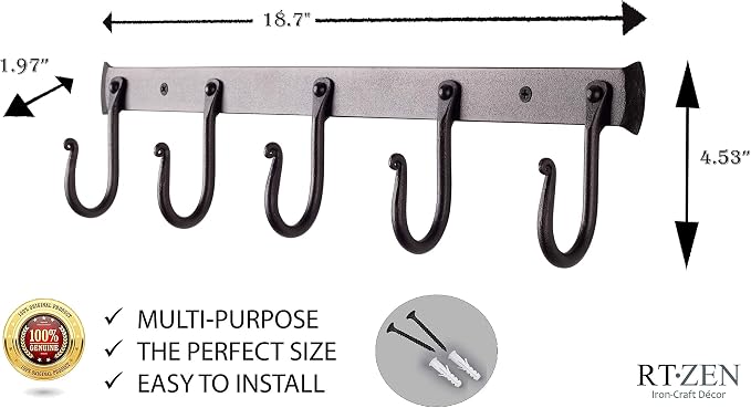 RTZEN Classic Farmhouse Wall Mount Multi-Use Wrought Iron Hook Set (5 Pack) | Decorative Rustic Metal Handcrafted Bathroom, Entreyway Home Decor Hooks Suitable for Coats, Towels, Robe or Hat Hanging - Image 4