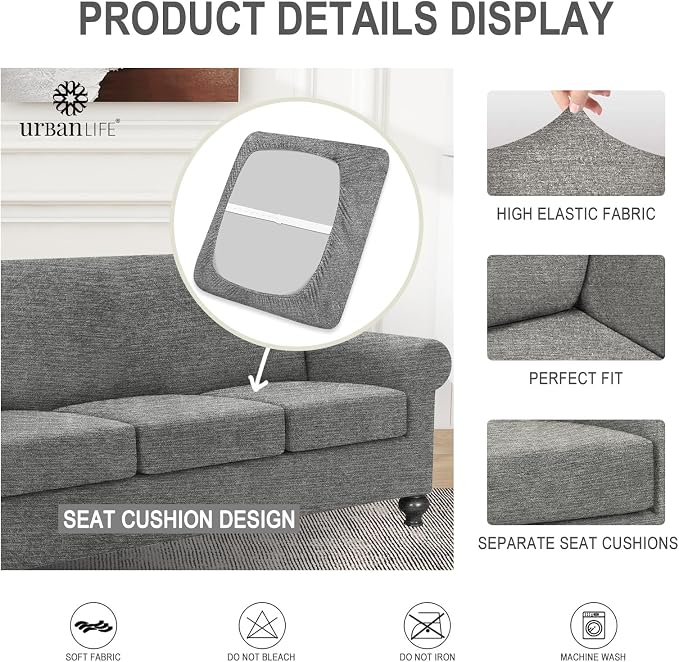 URBANLIFE 4-Piece Stretch Sofa Covers for 3 Cushion Couch, Light Gray | Super fitted spandex slipcovers for couches. Non-slip elastic bottom. Machine washable furniture protector for kids & pets. - Image 6