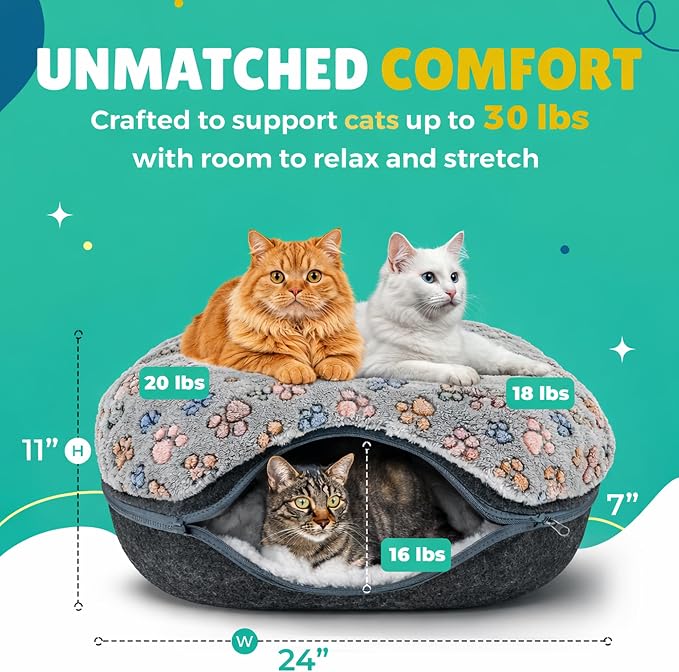 RINGTAIL Peekaboo Cat Cave Donut for Multiple & Large Cats Up to 30-45 lb, 3-in-1 Self Warming Cat Bed Tunnel with 2 Soft Fluffy Fleece Pet Blankets, Scratch, Detachable & Washable (Dark Gray, Large) - Image 2