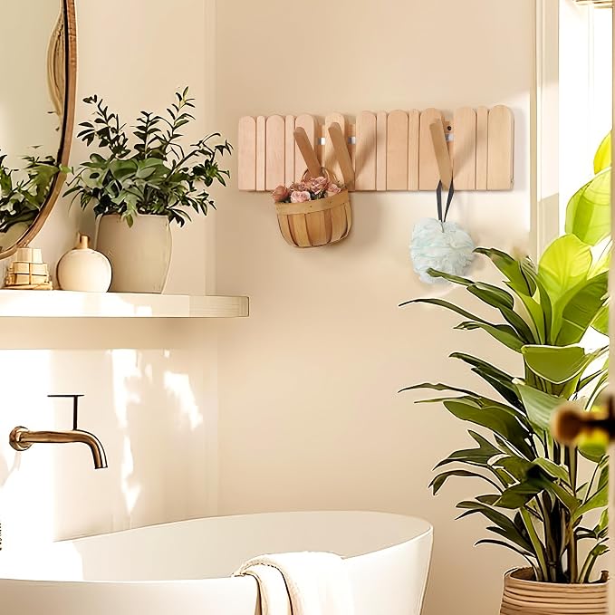 Wall Coat Rack for Entryway: Folding Wood Modern Heavy Duty 8 Hooks | 21.6'' Wall Mounted for Boho Home Decor Bathroom Bedroom Hallway for Hanging Towel Jacket Backpack Bag - Image 6