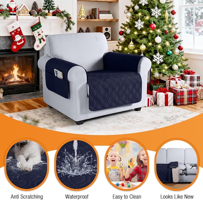 VANSOFY Waterproof Chair Seat Cover for Pets, Dark Blue, 22" | Non-Slip, Washable, Utility Pockets, Pet Friendly, Furniture Protector Slipcover for 1 Seater Couch - Image 3