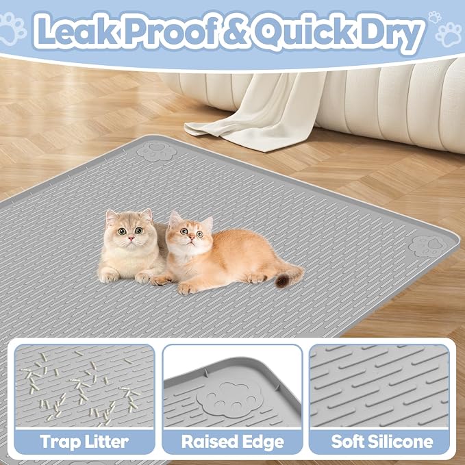 Silicone Cat Litter Mat for Litter Box 40”x28” Large Cat Mat, Light Grey | Waterproof, Non-Slip, Leak-Proof Rug Mat with Lip, Easy to Clean, Extra Large Litter Catcher Mat for Floor - Image 3