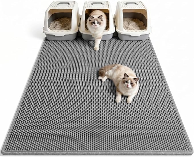 Pieviev Cat Litter Box Mat, Double-Layer Urineproof Design, 47" x 36" Gray | Honeycomb Litter Trapping Mat Captures Scattered Particles to Stop Tracking, Waterproof Base Protects Floors, Easy to Clean by Pieviev