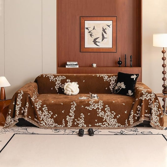 STACYPIK Botanical Aesthetics Coffee Couch Cover Vintage Ginkgo Leaf Sofa Cover for 3 Cushion Couch Soft Chenille Loveseat Couch Slipcover for Sectional with Tassels Sofa Protector for Pets-71X150IN by STACYPIK