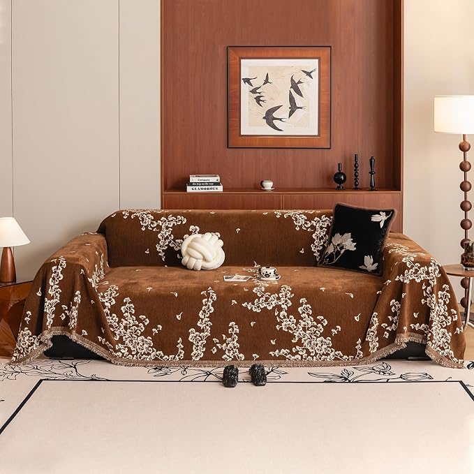 STACYPIK Botanical Aesthetics Coffee Couch Cover Vintage Ginkgo Leaf Sofa Cover for 3 Cushion Couch Soft Chenille Loveseat Couch Slipcover for Sectional with Tassels Sofa Protector for Pets-71X134IN by STACYPIK