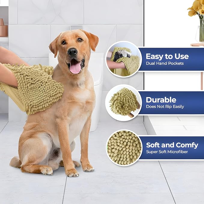 Muddy Mat Doggy Dryer, Highly Absorbent Microfiber Washable Dog Shammy Quick Drying Towel Absorber - Extra Soft Plush Wrap Chenille Bath Towels to Dry Soggy Large Pets & Small Puppy-Beige 15"x38" - Image 4