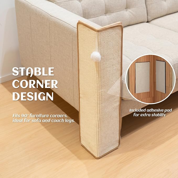 PETKARAY 27.9'' Cat Scratching Post for Couch Corner, Furniture Protector | Under-Furniture Cat Scratcher, Natural Sisal Scratch Pad, Anti Scratch Couch Protector for Indoor Cats with Toy Ball - Image 5
