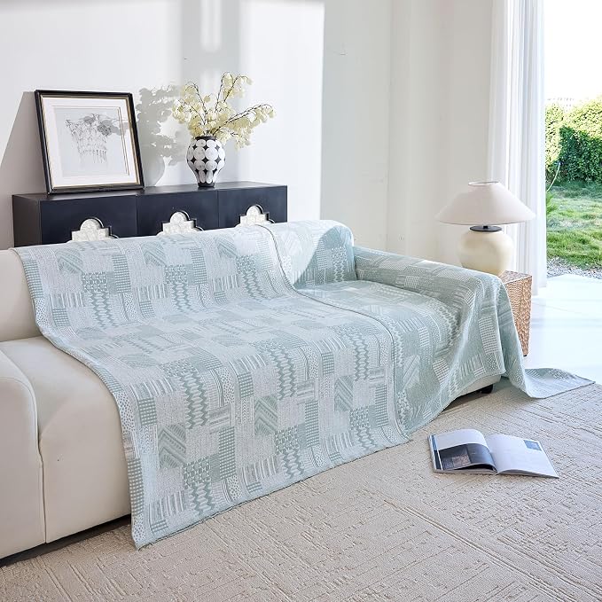 DREAMINGO Vintage Patchwork 3-Layer Gauze Geometric Jacquard Sofa Cover, Farmhouse Couch Cover Blanket for 3 Seater, Living Room Washable Furniture Protector, Mint Green, 91"x150" - Image 7