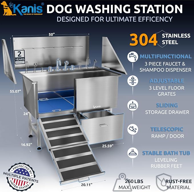 KANIS Professional Dog Washing Station 304 Stainless Steel Pet Wash Sink | Grooming Bathtub w/Shower, Floor Grates and Storage for Large, Medium & Small Pets (Silver, 50 Inches, Left Ramp, 1 Drawer) - Image 2