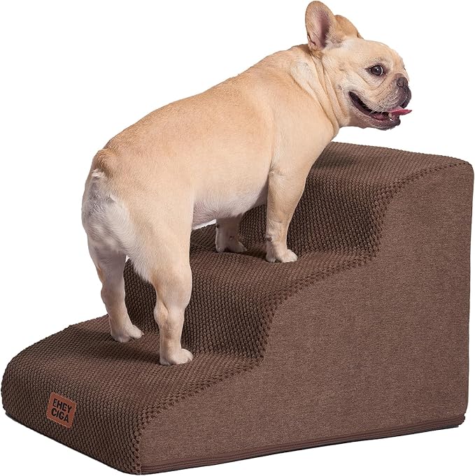 EHEYCIGA Curved Dog Stairs Ramp for Small Dogs 15.7" H, 3-Step Dog Steps for Couch Sofa and Chair, Pet Stairs for Cats, Non-Slip Balanced Pet Steps Indoor, Brown by EHEYCIGA