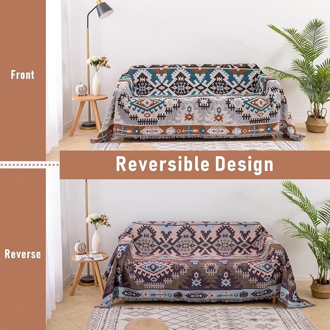 Homcosan Sofa Slipcovers Towel Reversible Geometrical Sectional Couch Cover Sofa Blanket for 3 Seat Boho Sofa Cover with Tassels Couch Protector for Pets, Kids - Image 2