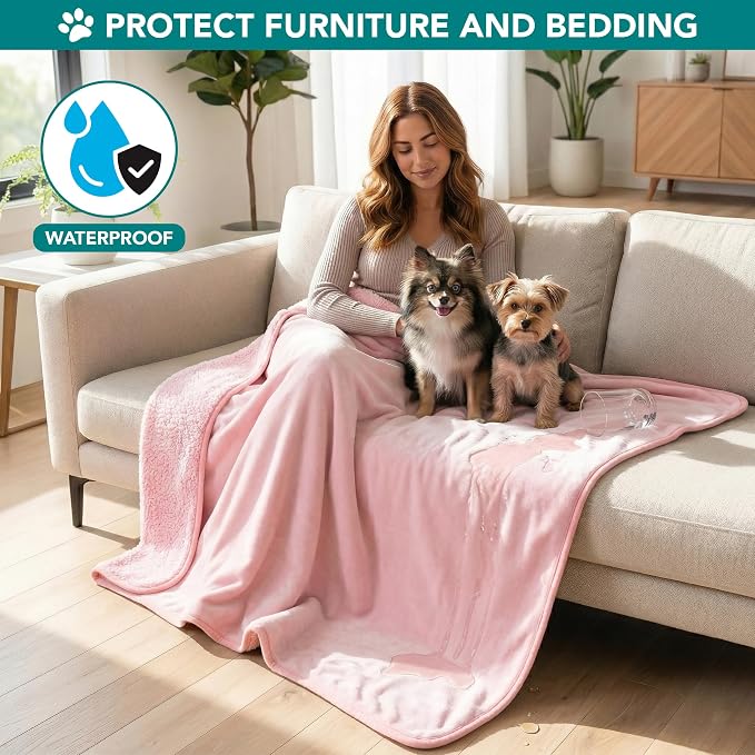 PetAmi Premium Waterproof Dog Blanket for Small Medium Dogs, Reversible Sherpa & Flannel Fleece, Leakproof Pet Throw for Couch Protection, Soft Plush Furniture Protector for Cats, Washable, 24x32 Pink - Image 2