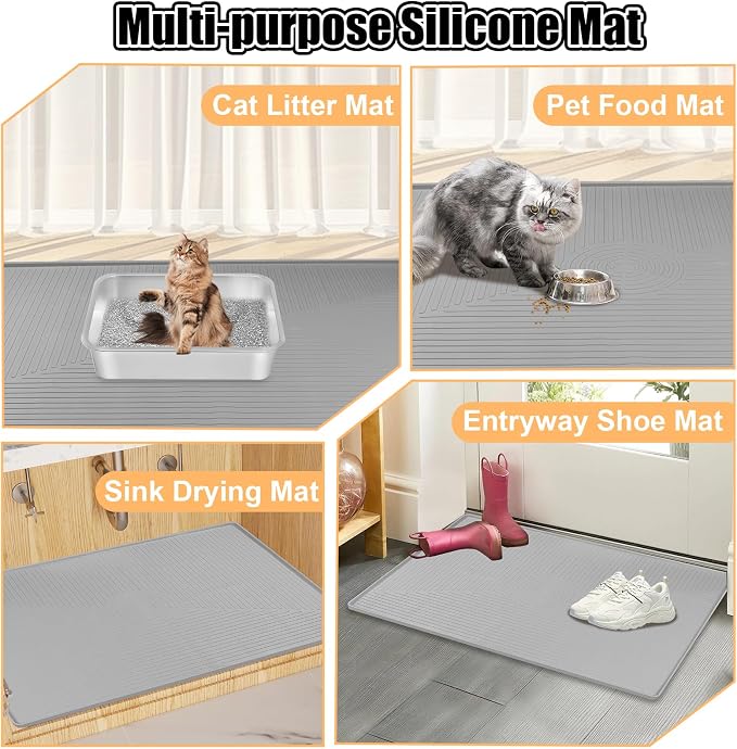 Silicone Cat Litter Mat 50" x 36" Cat Mat for Litter Box, Light Grey | Extra Large Cat Litter Trapping Mat for Floor, Waterproof, Non-Slip Kitty Litter Box Mat with Raised Edge, Easy to Clean - Image 8