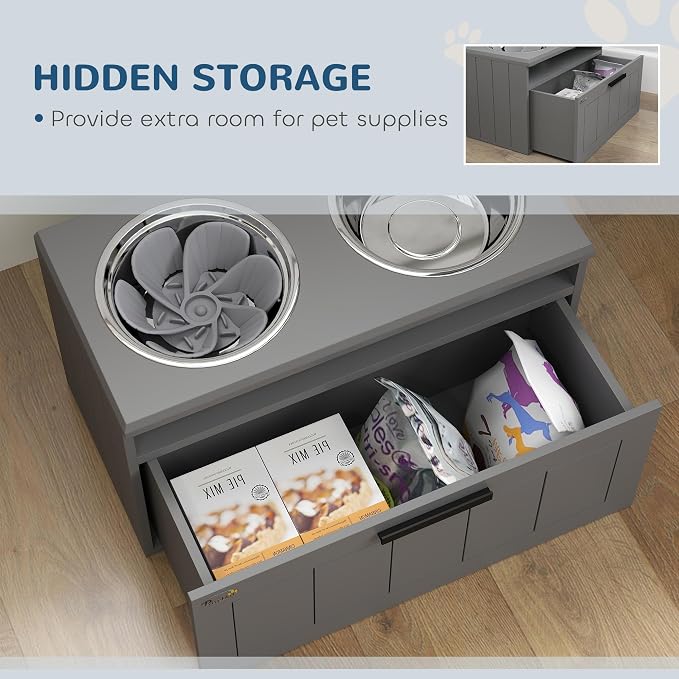PawHut Elevated Dog Bowls Raised Dog Feeder with Storage Gray | 2 Stainless Steel Bowls, Slow Feeder Mat, Feeding Station, Large Extra Large Breeds - Image 5