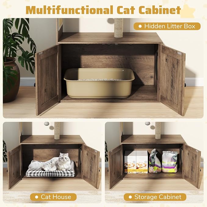 Tangkula Cat Tree with Litter Box Enclosure, Hidden Litter Box Cat Tower with Sisal Scratching Post & Mat, Dangling Ball, Vented Holes, Farmhouse Cat House Washroom (Oak Gray) - Image 8
