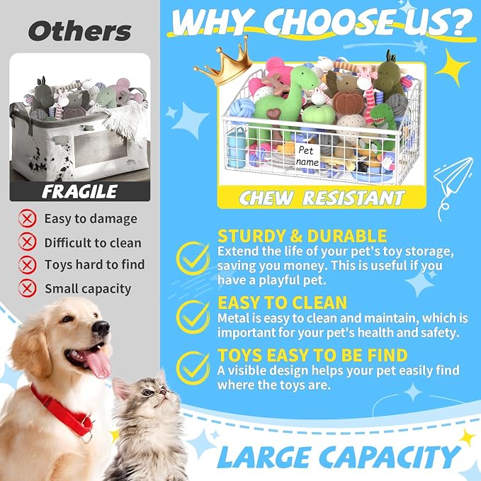 Kaiferty Indestructible Dog Toy basket, Medium Toy Box for Dogs,Pet Toy Bin Dog Metal Basket for Toys, Dog Toy Storage, Dog Storage Organizer,Dog Toy Box for Living Room Area (White) - Image 2