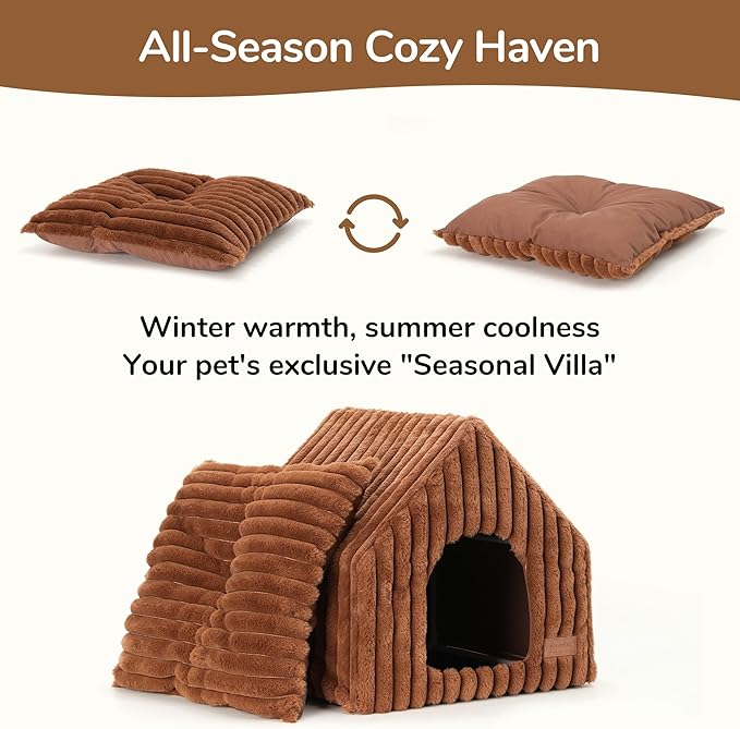 FUKUMARU Cat Bed Cave, Enclosed Washable Covered Dog Bed with Support Frame | Large Cat House for Indoor Cats, Cozy Cat Hideaway for Anxious Cats, Soft Plush Faux Fur Cat Tent Bed, Non-Slip Bottom, Brown - Image 3