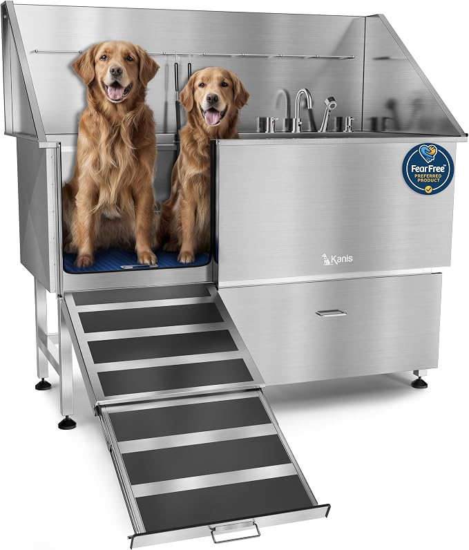 KANIS Professional Dog Washing Station 304 Stainless Steel Pet Wash Sink | Grooming Bathtub w/Shower, Floor Grates and Storage for Large, Medium & Small Pets (Silver, 61 Inches, Left Ramp, 1 Drawer) by KANIS