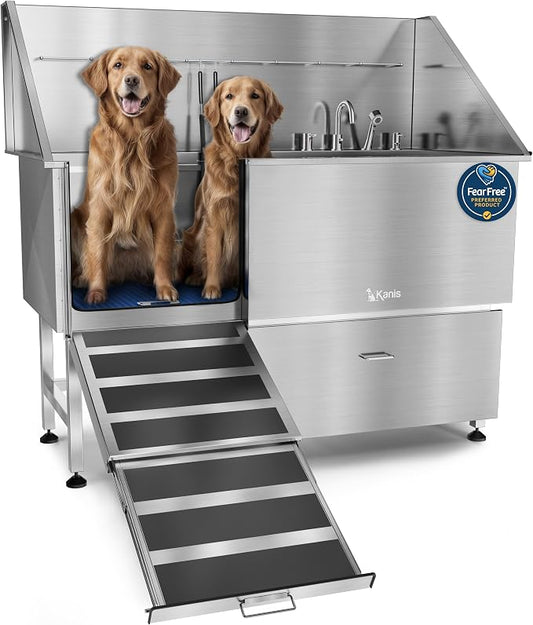 KANIS Professional Dog Washing Station 304 Stainless Steel Pet Wash Sink | Grooming Bathtub w/Shower, Floor Grates and Storage for Large, Medium & Small Pets (Silver, 61 Inches, Left Ramp, 1 Drawer) by KANIS