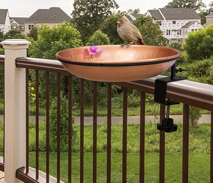 Monarch Abode Deck Mounted Bird Bath & Bird Feeder for Outdoors – Pure Copper Hand Hammered Birds Bath Bowl w/Detachable Iron Clamp, Birdfeeder and Birdbath for Outdoors Garden Backyard - Image 6