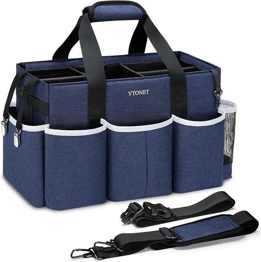 Ytonet Extra Large Cleaning Caddy Bag with 4 Foldable Dividers, Wearable Cleaning Caddy Organizer with Handle & Shoulder Strap & Waist Strap, Housekeeping Tote for Cleaners, Blue by YTONET