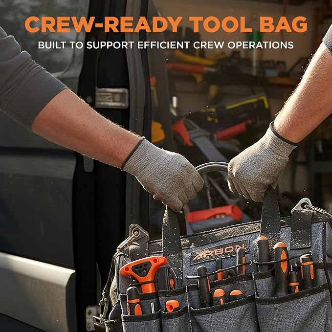 Arbon Electrician Tool Bag, Heavy Duty Tool Organizer, 34 Pockets, 52+ lb | Large storage for men, 5-layer reinforced walls, metal frame, hard molded base, water resistant polyester PP plastic, gray - Image 7
