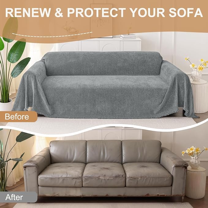 Smiry Couch Cover for Dogs, Chenille Sofa Covers for 3 Cushion Couch | Washable Soft Sofa Slipcover for Pets, Thick Sectional Furniture Protector with Tassels (Grey, 71x91 Inch) - Image 8