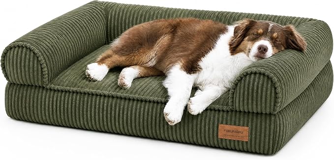 FUKUMARU Cute Dog Bed, Thickened Orthopedic Dog Sofa, Waterproof&Washable | 36" Corduroy Dog Couch with 4" Extra-Thick Egg-Crate Foam, Large Pet Bed for Medium to Large Dogs, Green by FUKUMARU