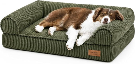 FUKUMARU Cute Dog Bed, Thickened Orthopedic Dog Sofa, Waterproof&Washable | 36" Corduroy Dog Couch with 4" Extra-Thick Egg-Crate Foam, Large Pet Bed for Medium to Large Dogs, Green by FUKUMARU