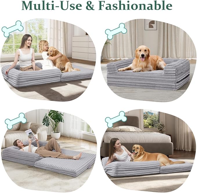 Human Dog Bed for Adults, Foldable Human Size Dog Bed | 2-in-1 Large Pet Sofa with Bolster, Orthopedic Egg Crate Foam, Calming Fluffy Pet Couch, Removable Cover, 71"x43"x10", Black - Image 4