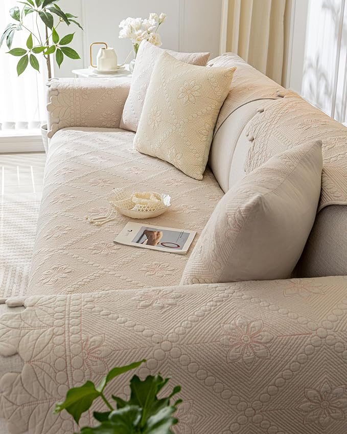 Cotton Quilted Dog Couch Cover for Sofa Farmhouse Rustic Embroidery Sectional Couch Cover Soft Anti-Slip Sofa Slipcover Furniture Protector for Kids, Pets (Khaki,43"x82") - Image 6
