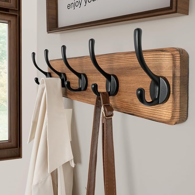 SKOLOO Rustic Wall Mounted Coat Rack, Case of 2, Pine Solid Wood Coat Hook Hanger - 5 Hooks for Hanging Clothes Robes Towels Coats - Image 5