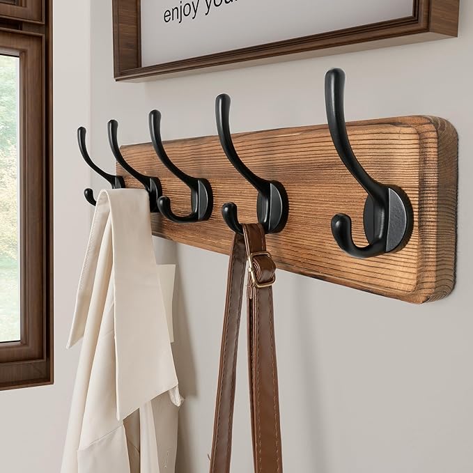 SKOLOO Rustic Wall Mounted Coat Rack with 16 Inch Mounting Hole Distance, Pine Solid Wood Coat Hook Hanger - 5 Hooks for Hanging Clothes Robes Towels Coats - Image 2