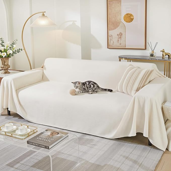 MEETSKY Couch Cover for 3 Cushion Cat Scratch Proof Couch Protector Washable Non Slip Sofa Covers Sectional Couch Covers for Dogs Soft L Shape Sofa Slipcover for Pets Kids, 91" x 134", Creamy White by MEETSKY