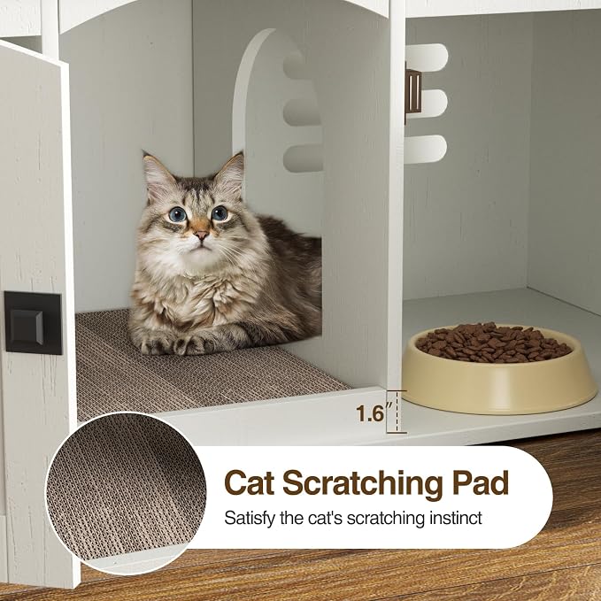 Halitaa Double Cat Litter Box Enclosure, Hidden Litter Box Furniture for 2 Cats, Farmhouse Cat House with Scratch Pad for 2 Litter Boxes, Wooden Enclosed Litter Box Furniture, Entryway Bench, White - Image 5