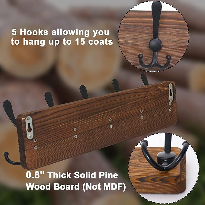 Dseap Coat Rack Wall Mounted - 5 Tri Hooks, Heavy Duty, Wooden Wall Coat Hanger Coat Hook for Clothes Hat Jacket Clothing, Natural & Black, 2 Packs - Image 5