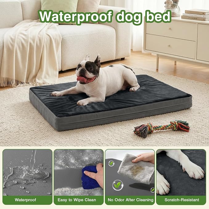 Waterproof Small Dog Bed Crate Pad 24", Washable Orthopedic Puppy Cat Mat | Outdoor Pet Bed Foam, Reversible Faux Leather & Flannel, Durable Removable Cover, Anti-Slip Kennel Pad 23"x17" Dark Gray - Image 2