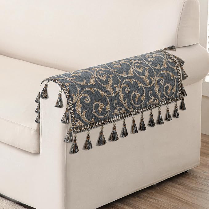 Loom and Mill Chenille Sofa Arm Covers 2 PCS, Blue-Grey+Khaki, 20x24in | Elegant Acanthus Jacquard Couch Armrest Cover with Tassels, Non-Slip Furniture Protector for Chair Sofa Recliner Couch Dogs - Image 6