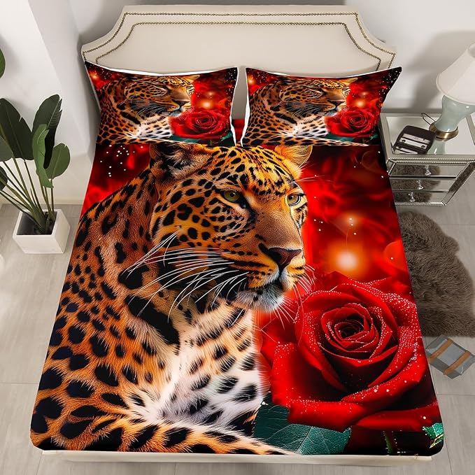 Red Rose Cheetah Bedding Set,Cat Leopard Print Sheet Set,Romantic Flowers Sheets,Chic Wild Animal Theme Fitted Sheet with Floral Flat Sheet for Kids Boys Girls Youth Man Women Bedroom Decor,Twin - Image 2