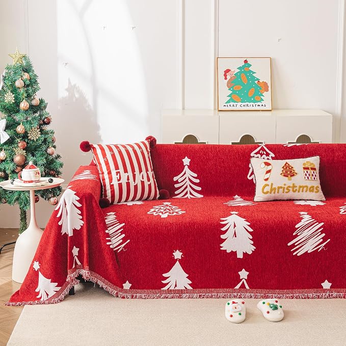 hyha Couch Cover for Dogs, Boho Chenille Sofa Cover for 3 Cushion Couch | Anti-Scratch Washable Sofa Slipcover, Loveseat Sectional Couch Blankets with Tassels (Red Christmas Tree, 88.5x134 Inch) - Image 2